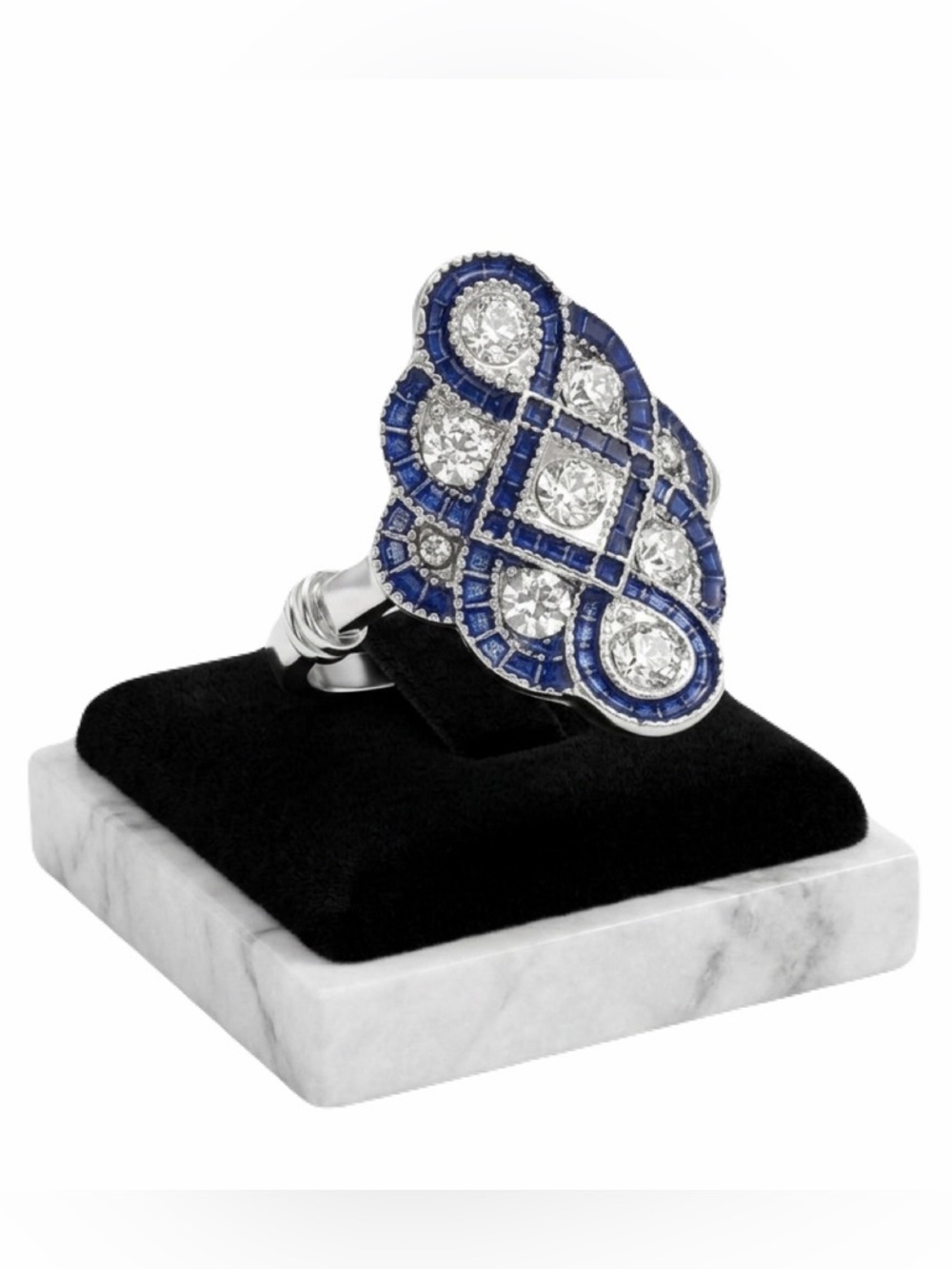 Vintage Sterling Silver Chinese Knot Blue White Sapphire Geometric Banquet Ring